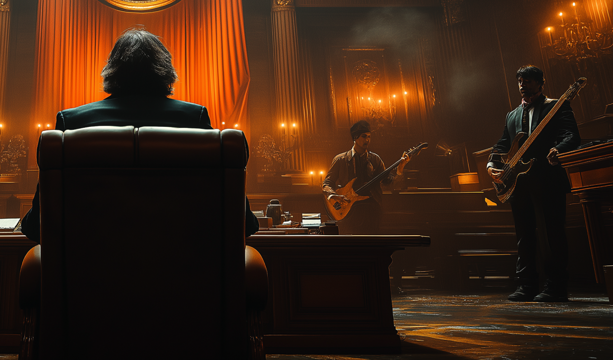 A judge watches musicians audition on a dim stage
