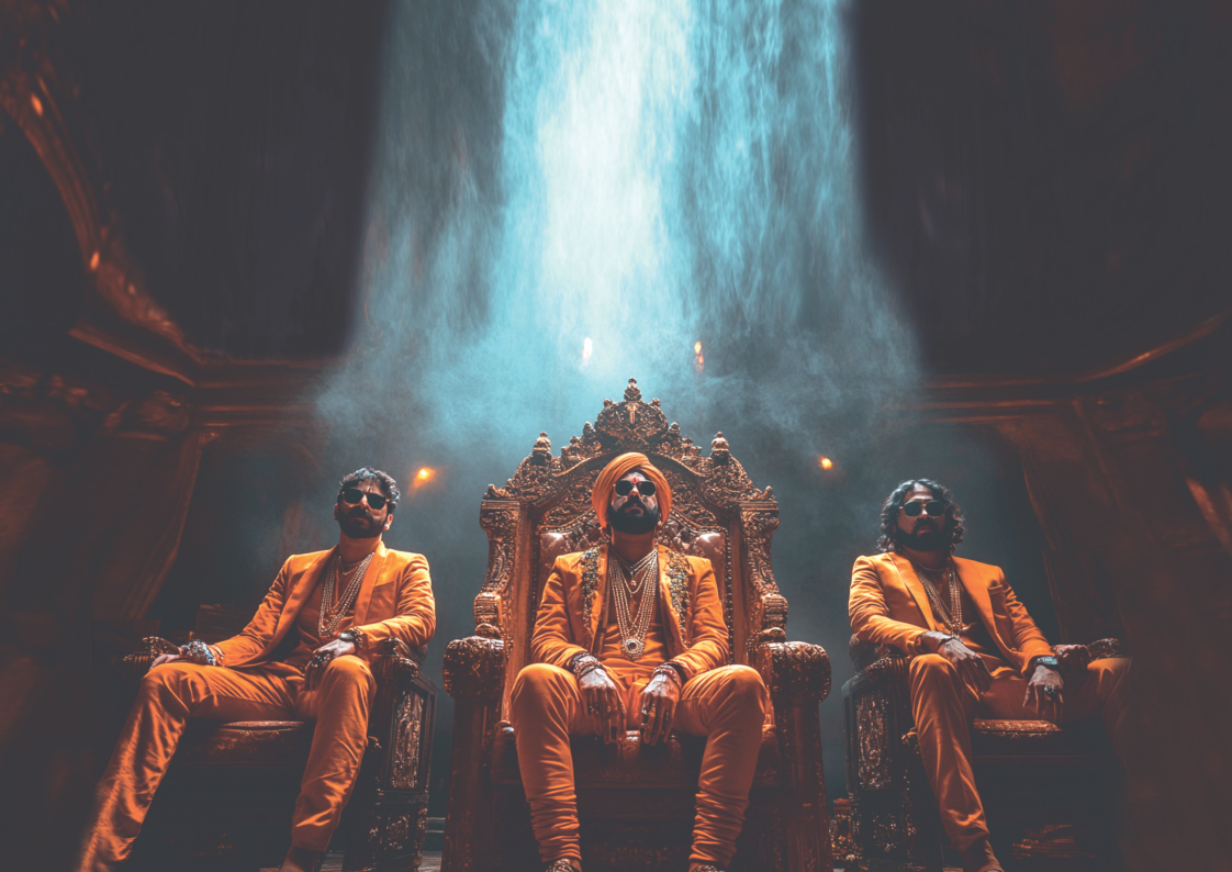 The three founders of Rajas of Rock seated on ornate thrones