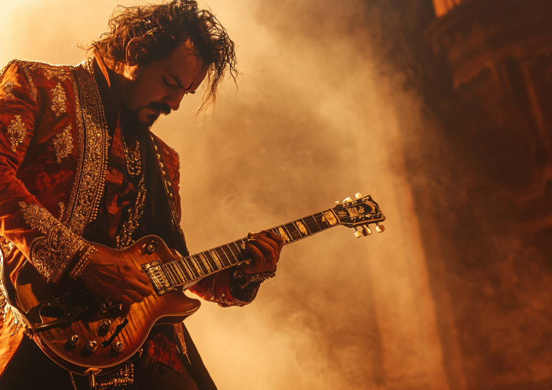 A rocker in royal attire shredding a guitar amid golden smoke