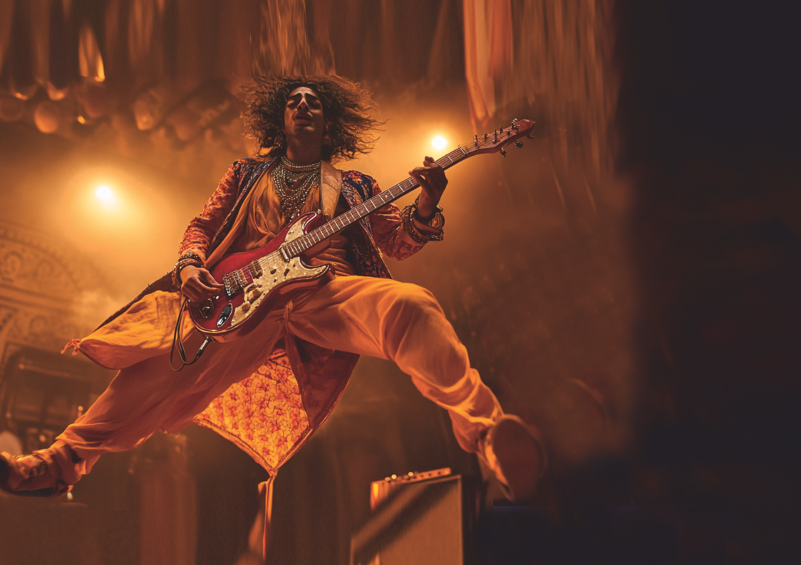 A guitarist leaps mid-air during a live performance