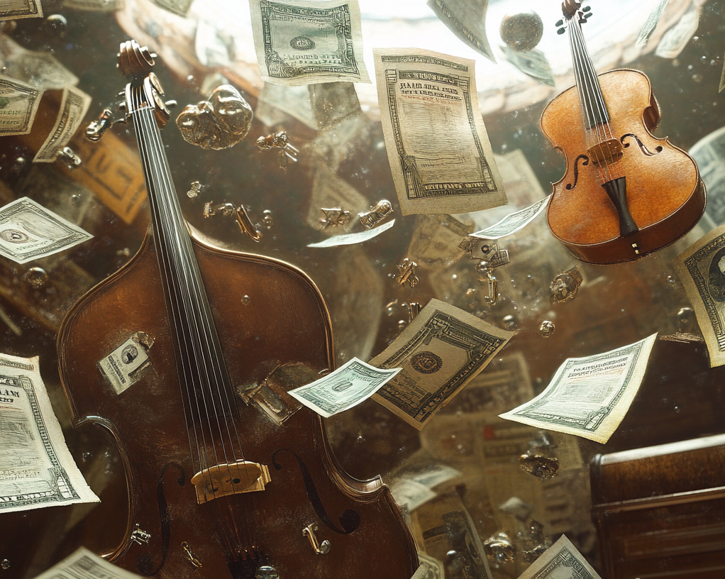 Vintage instruments amid a storm of flying money