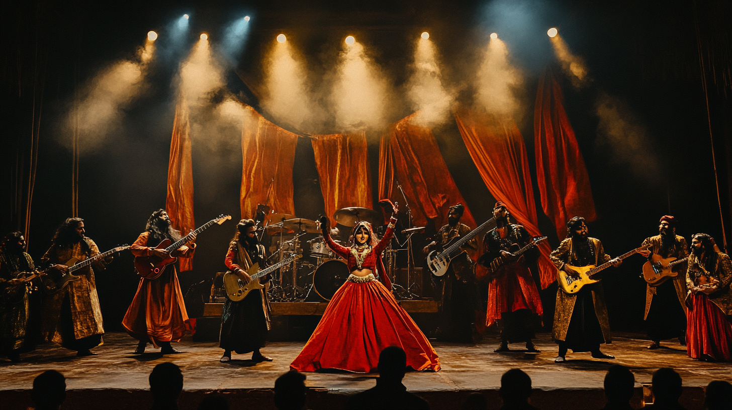 A full band performs on a grand stage with red drapes