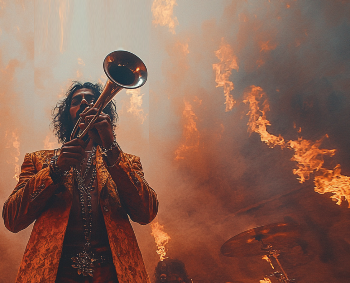 A musician sounds a trumpet amid flames